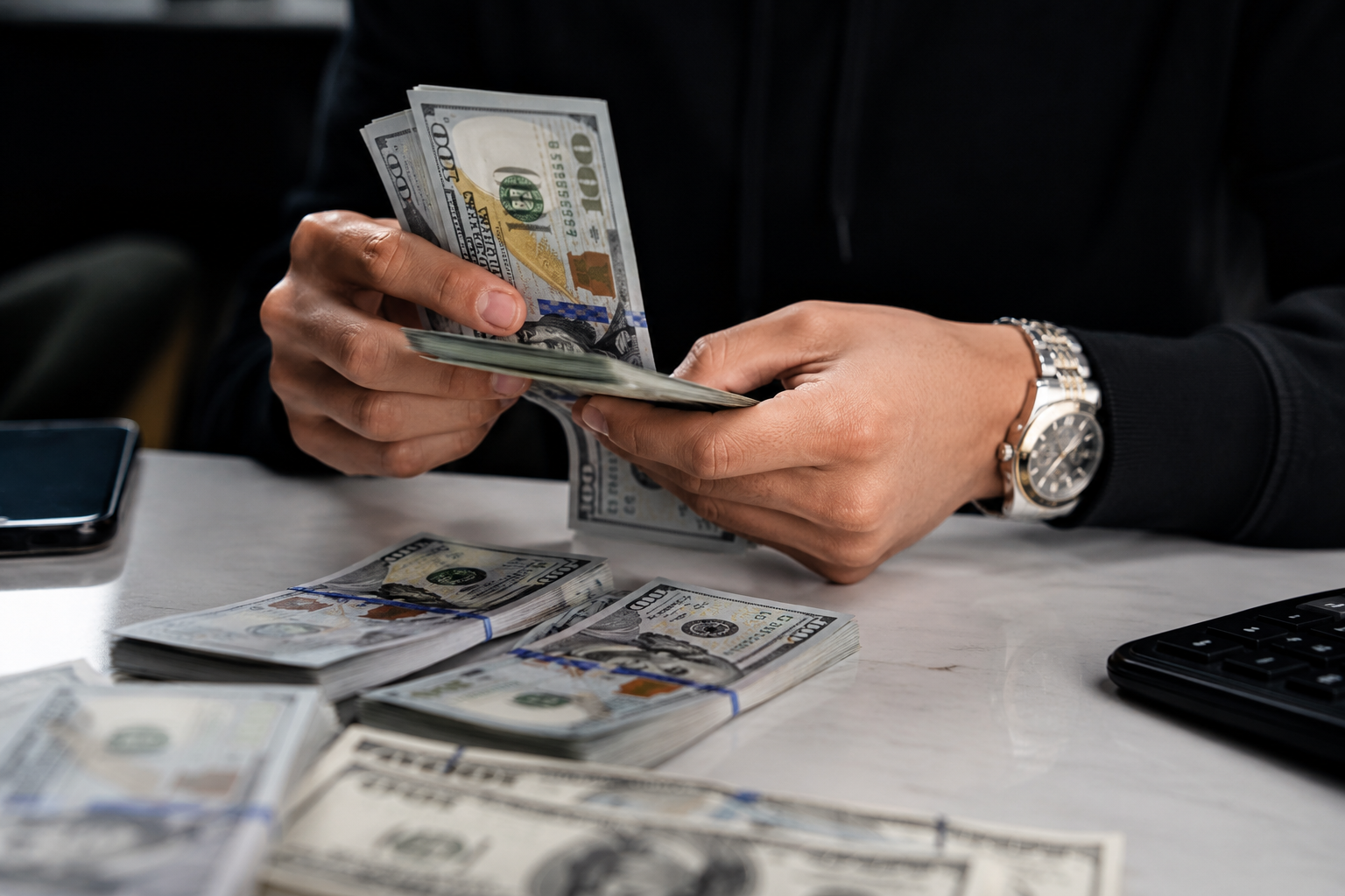 Hands counting stacks of one-hundred-dollar bills on a desk