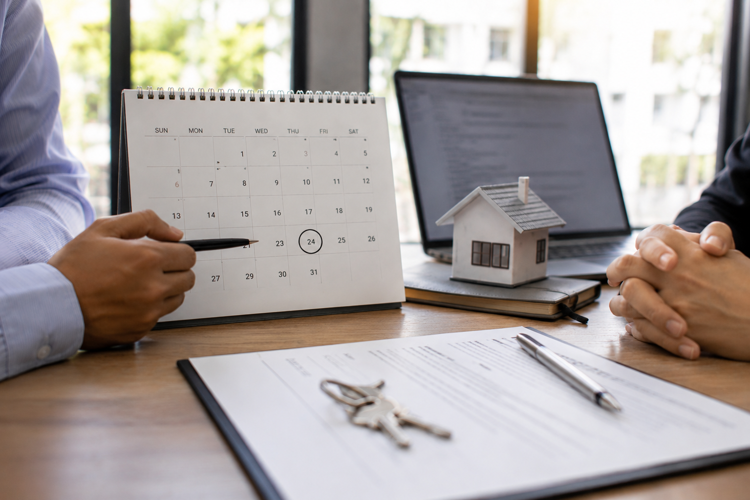 Homeowner signing closing documents at a title office desk