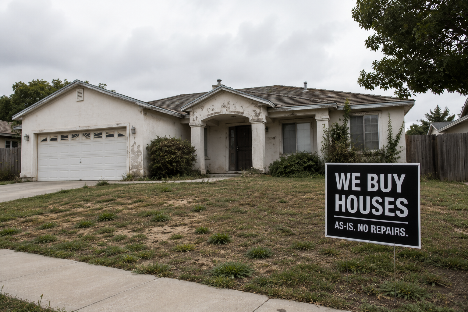 House in as-is condition with a We Buy Houses sign in the front yard